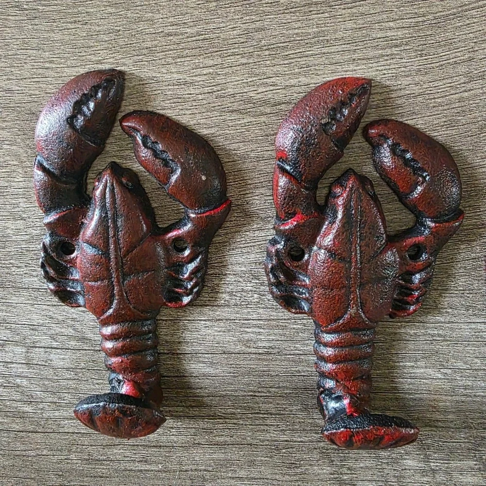 Set of 5 Cast Iron Lobster Wall Hooks Rustic Red Nautical Coastal Decor 6 inch